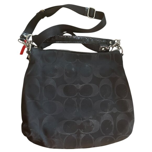 Coach Poppy Signature Convertible Hobo Bag Black Patent Trim Silver Hardware - Picture 2 of 9